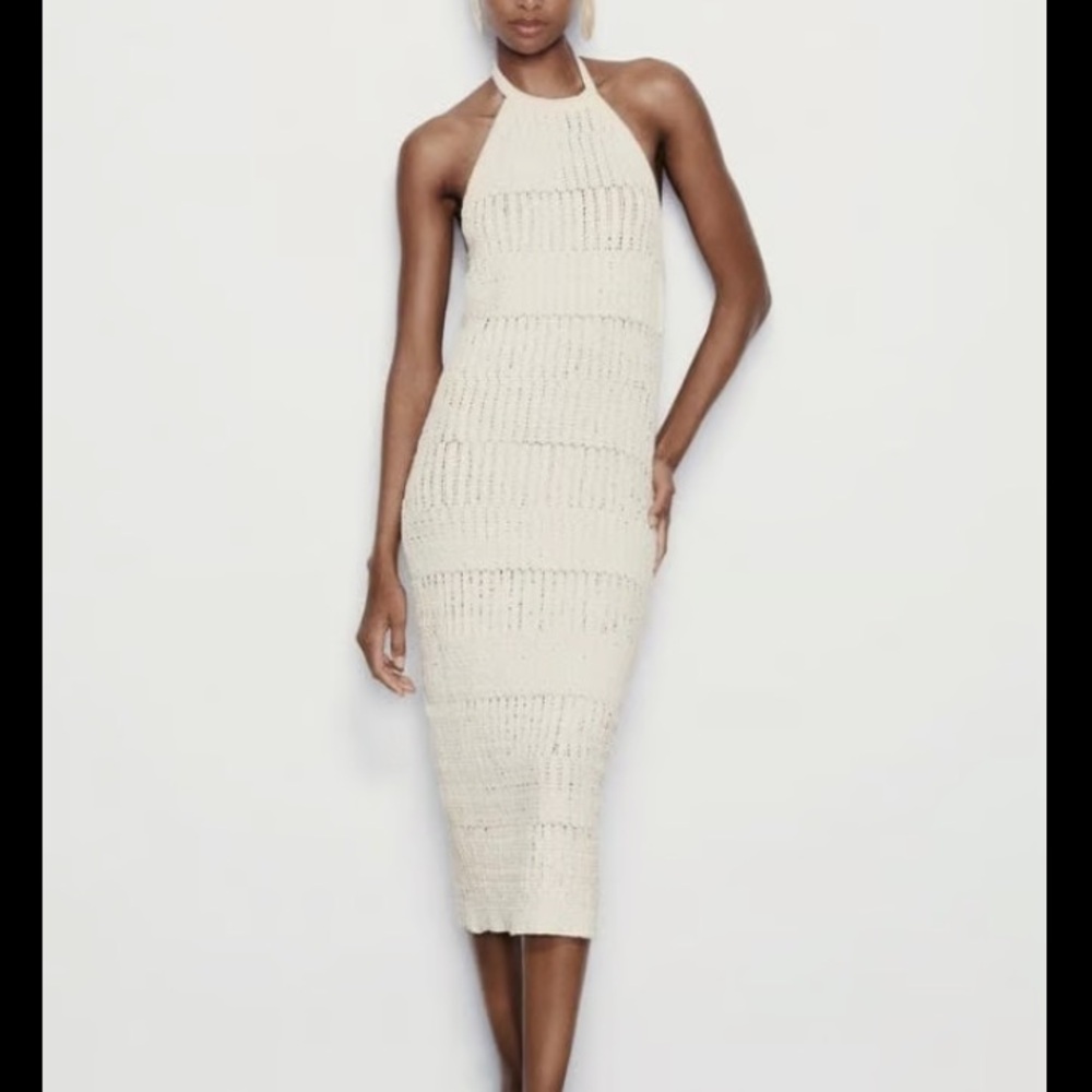 Zara Beige Crochet Knit Midi Dress S